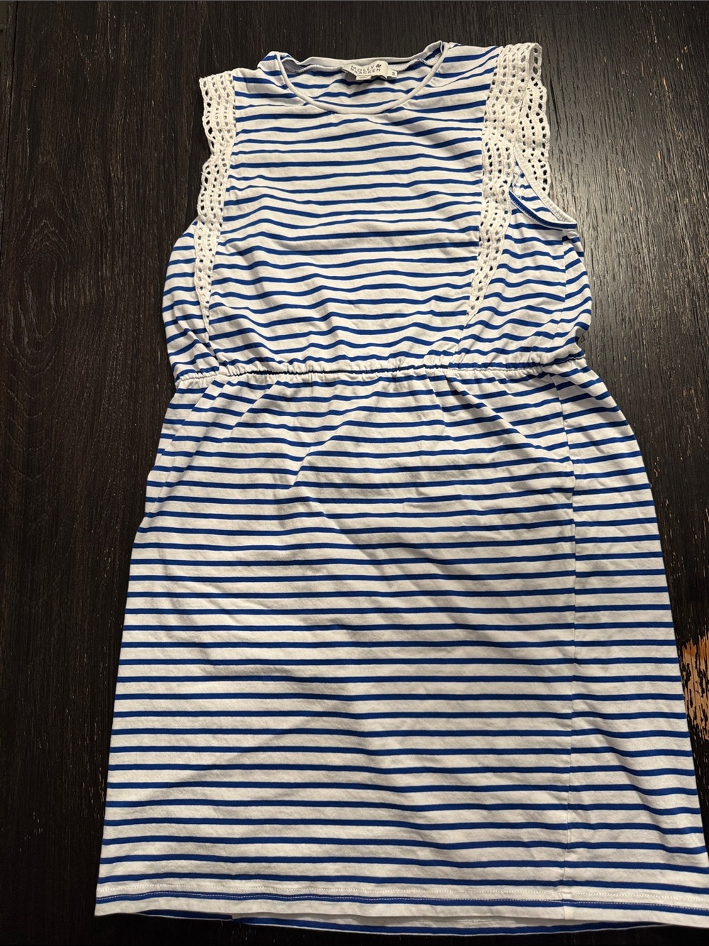 Molly Bracken Blue and White Striped Midi Dress with Lace Trim 100% Cotton